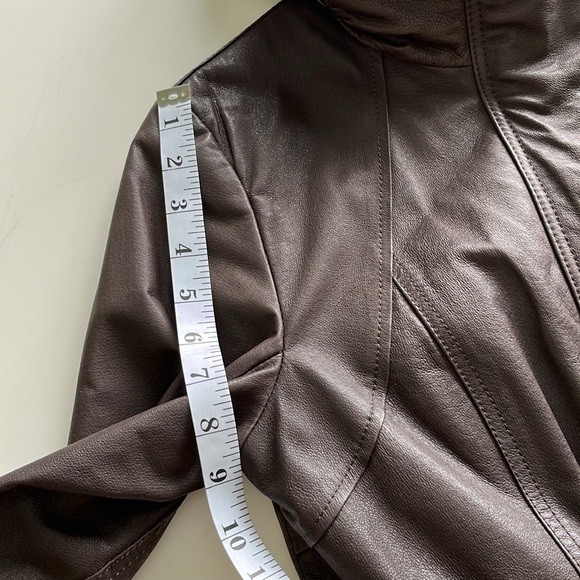 NWOT Danier Brown Leather Jacket Moto 80s Y2K High Collar Cinched Waist - Picture 14 of 17